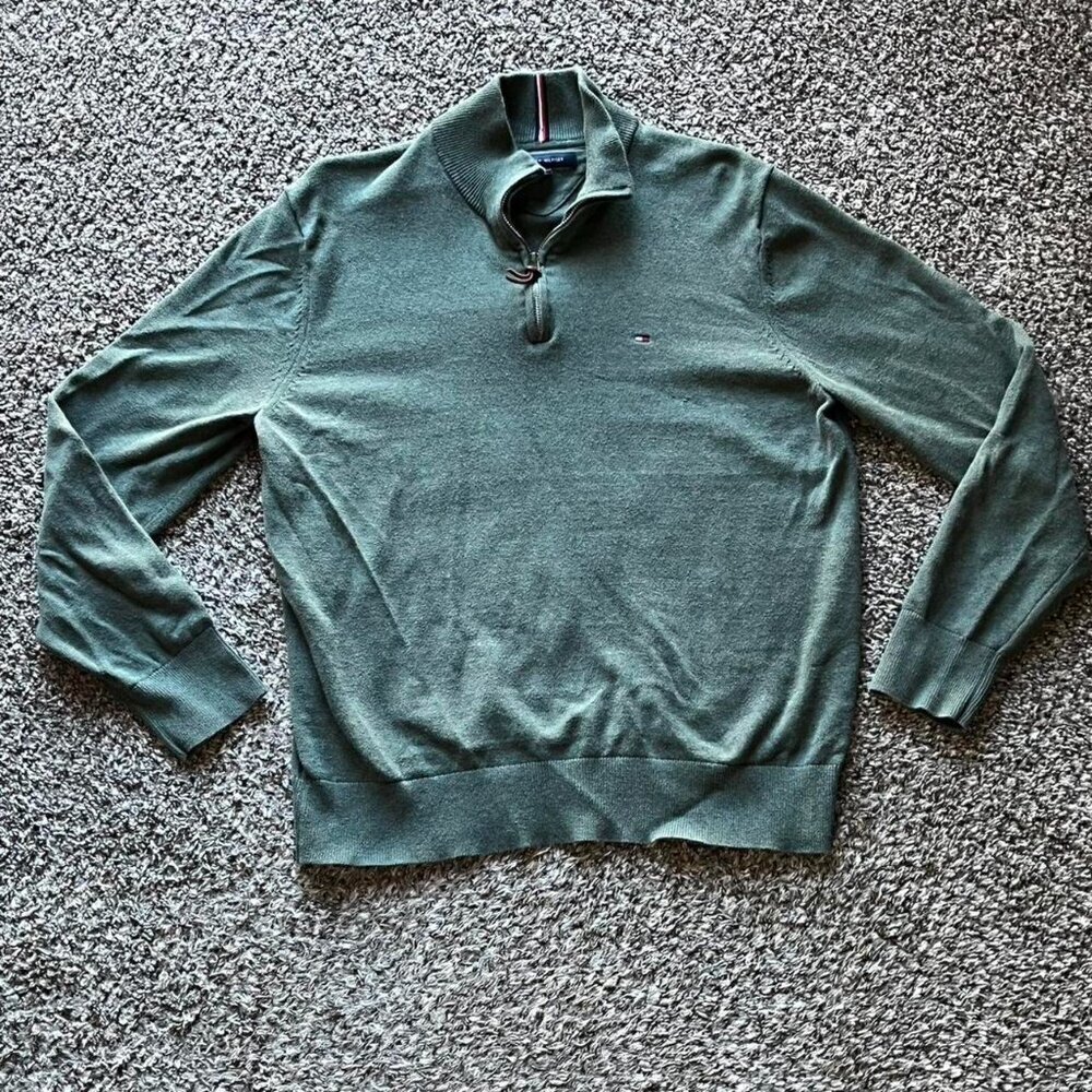 Tommy Hilfiger Sweater Men Large Green 100% Cotton Quarter Zip Finance Bro
